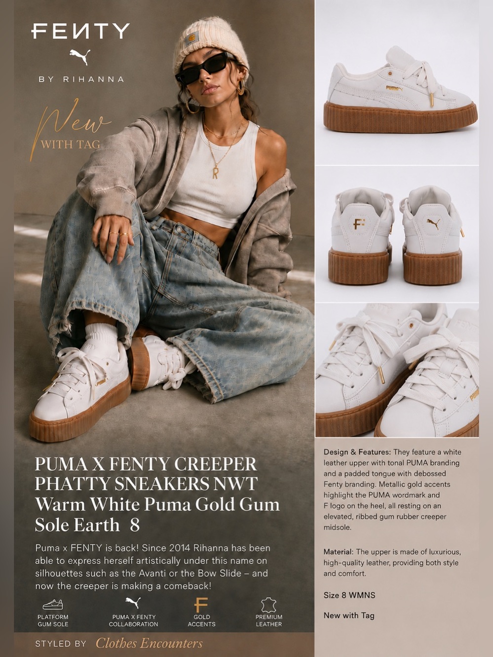 PUMA X FENTY CREEPER PHATTY SNEAKERS NWT Warm White Puma Gold Gum Sole Earth   8